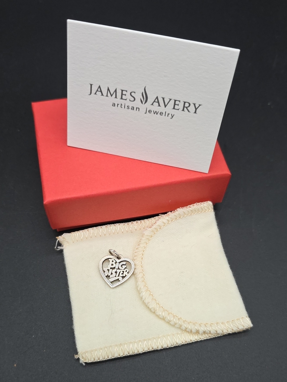 James Avery 925 Silver "Big Sister" Heart Charm with Cream Pouch